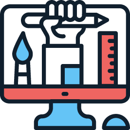 Colorful graphic design icon featuring a computer monitor with art tools including a pencil, ruler, and paint brush.