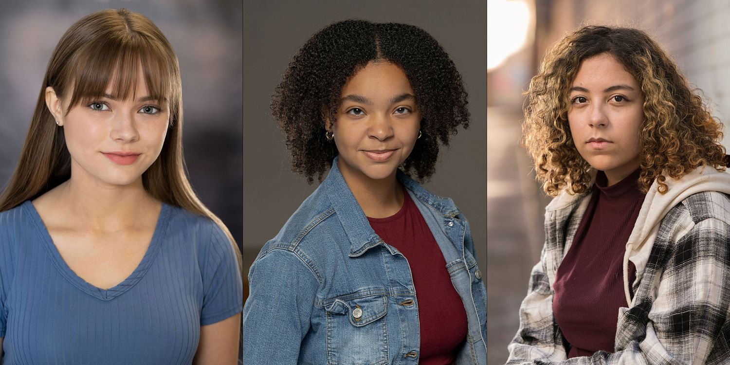 Three young female actresses pose for professional headshots in casual attire.