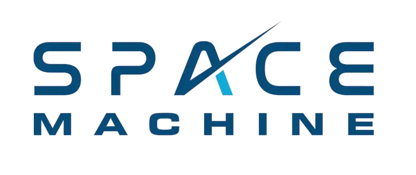 Space Machine company logo in bold blue text with rocket arrow design element.