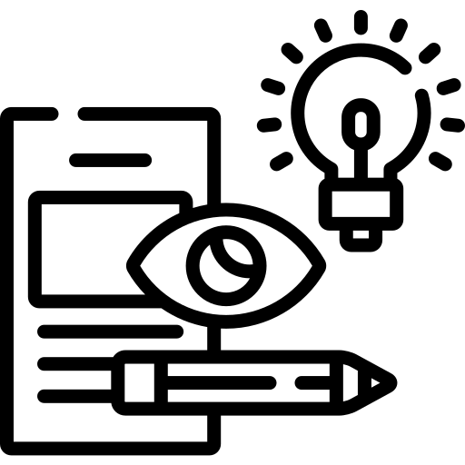 Black line icon of creative design concept with eye, pencil, lightbulb, and document elements.