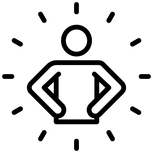 Black outline icon of a confident person with hands on hips, surrounded by radiating lines symbolizing energy and leadership.