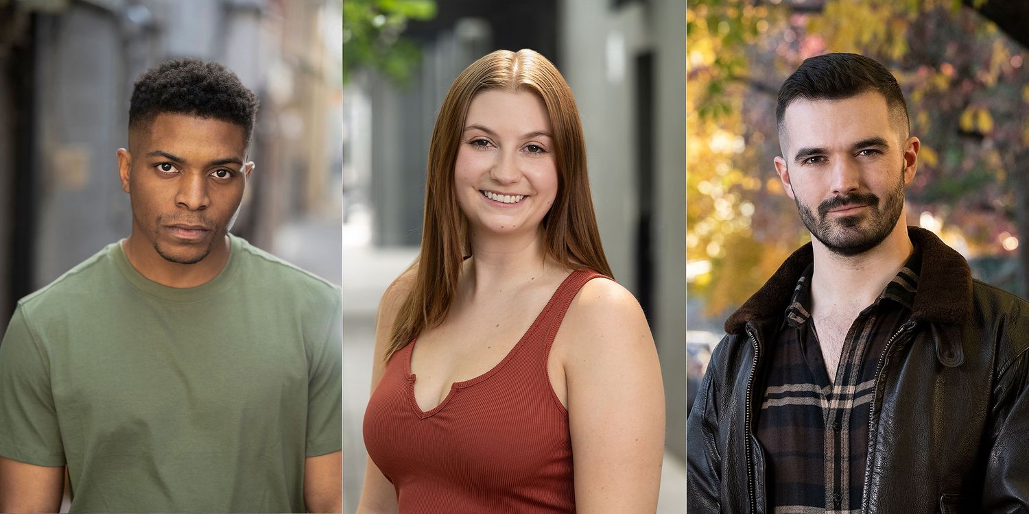 Three diverse actors pose for professional headshots against urban backgrounds.