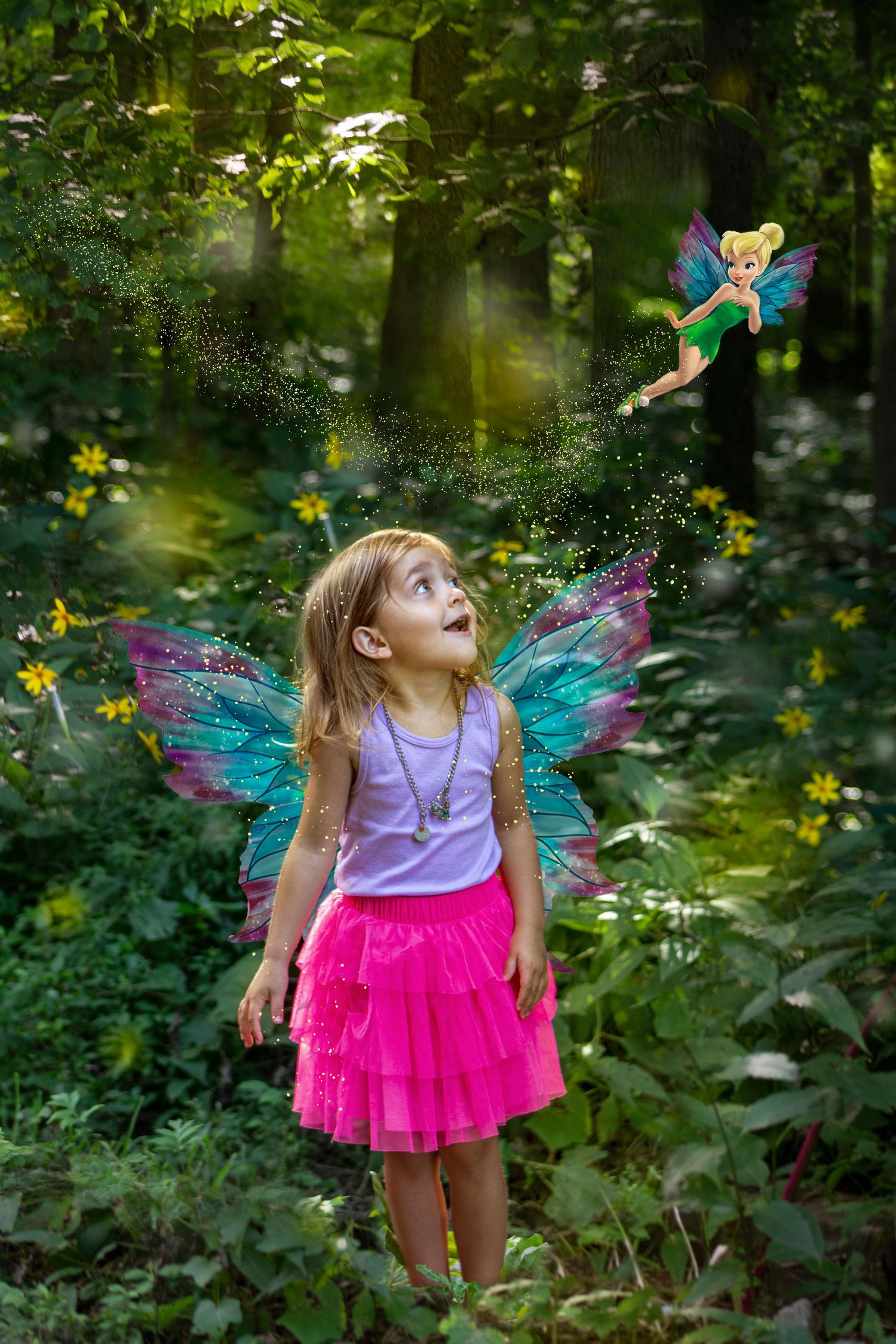 A magical composite photo of Tinkerbell gently bestowing fairy wings upon a young girl, surrounded by a whimsical forest