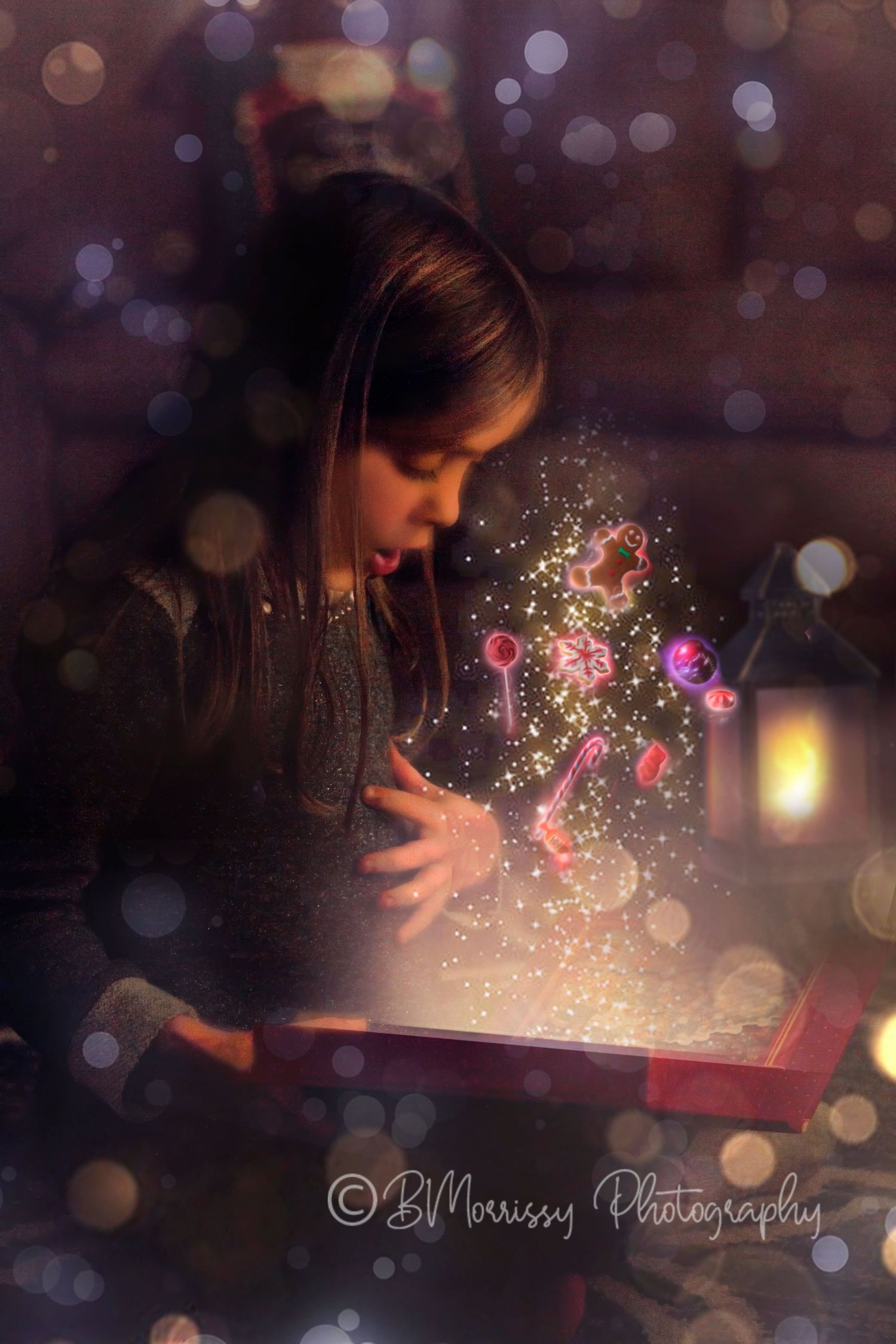Magical holiday composite photo of a child in Elgin, IL, looking into a glowing book that illuminates her face, set agai