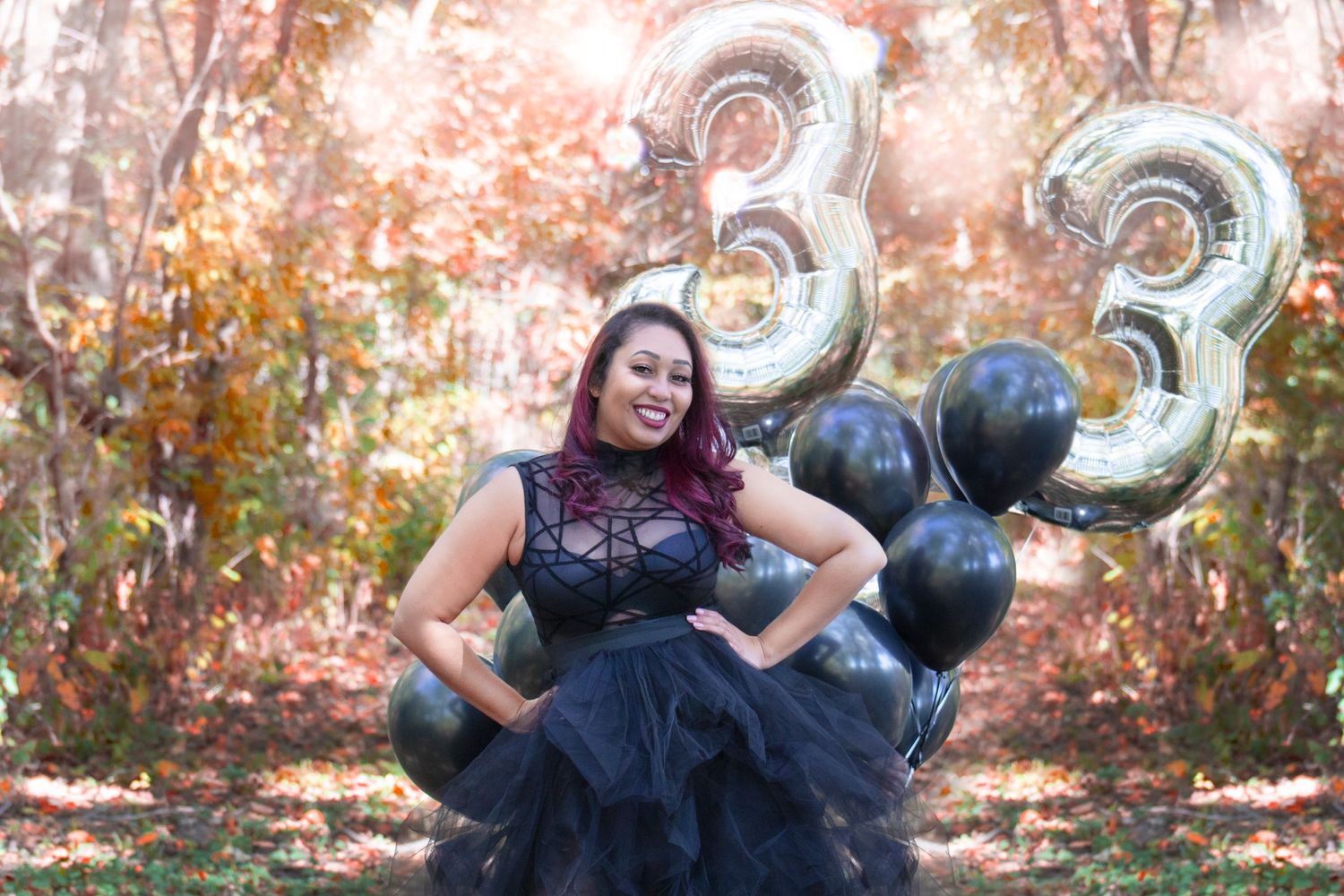 Fun and vibrant Dirty Thirty birthday photoshoot captured in Elgin, IL, featuring creative props, bold poses, and a live