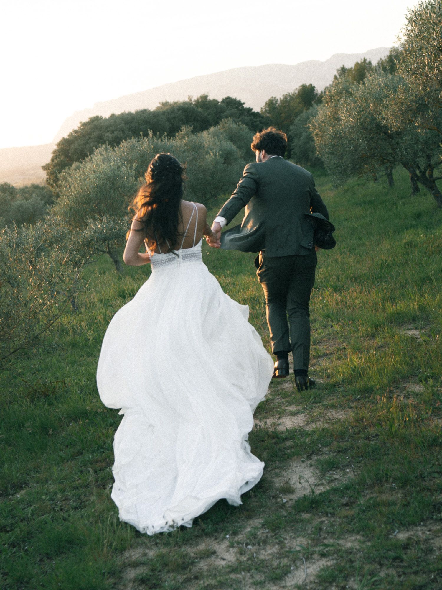 A bride in a flowing white gown and groom in green suit walk hand in hand through an olive grove at sunset.