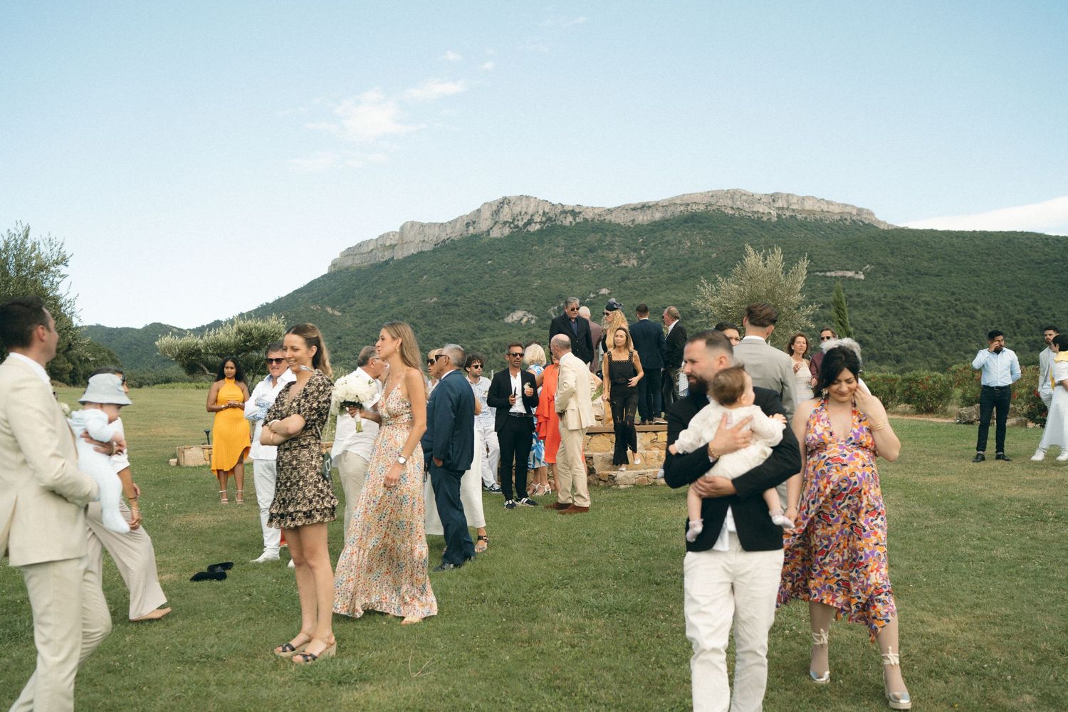 Panoramic view of wedding guests gathered on a grassy hillside with mountains in the background during an outdoor celebration.