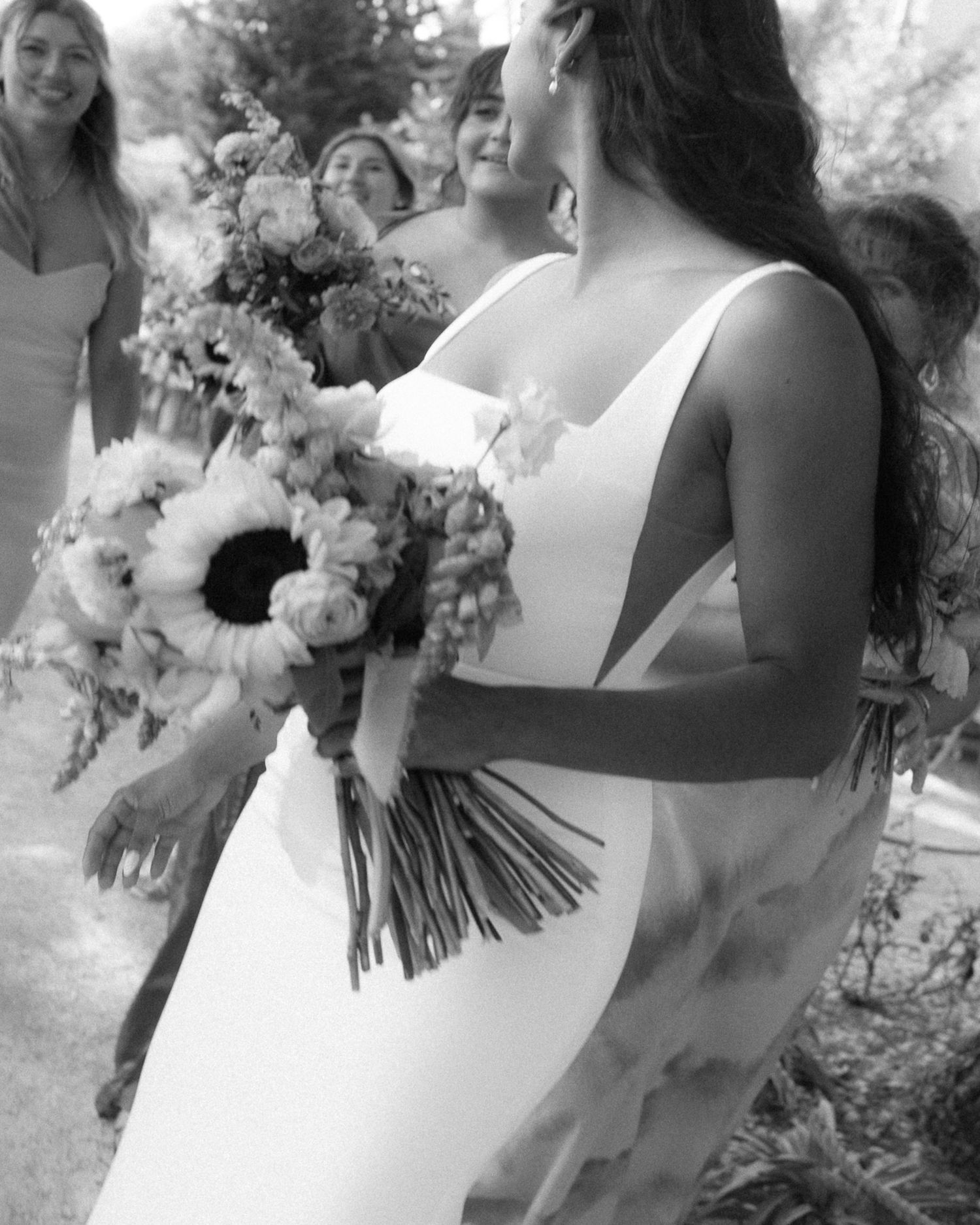 A collection of wedding photos showing bridesmaids in strapless dresses holding elegant floral bouquets.