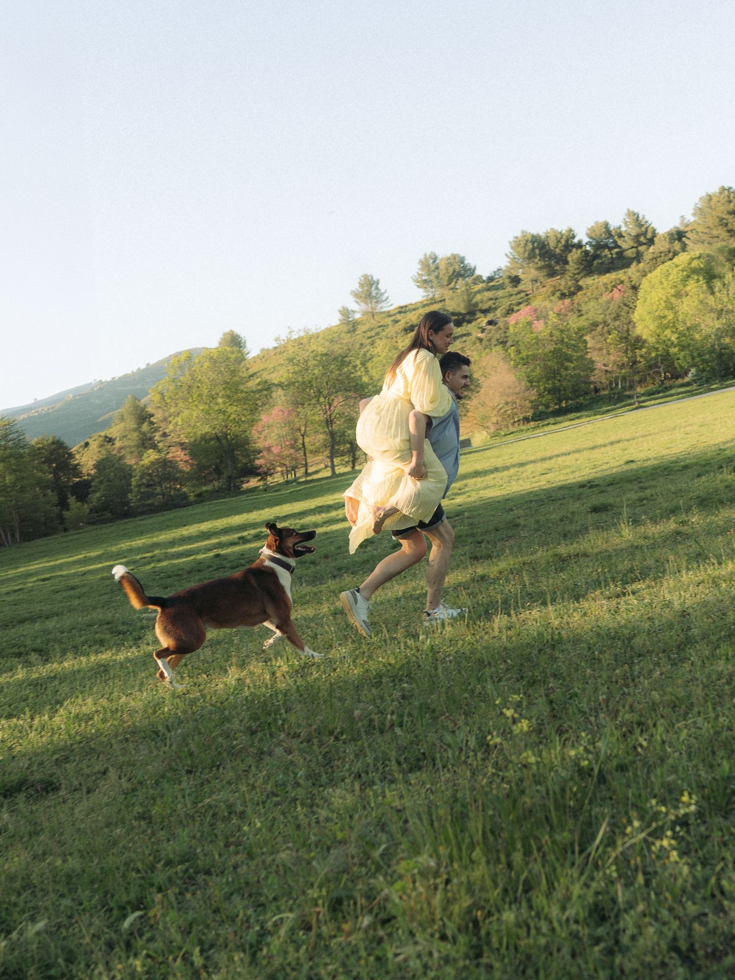 Two people running with a brown and white dog across a lush green meadow with rolling hills and trees.