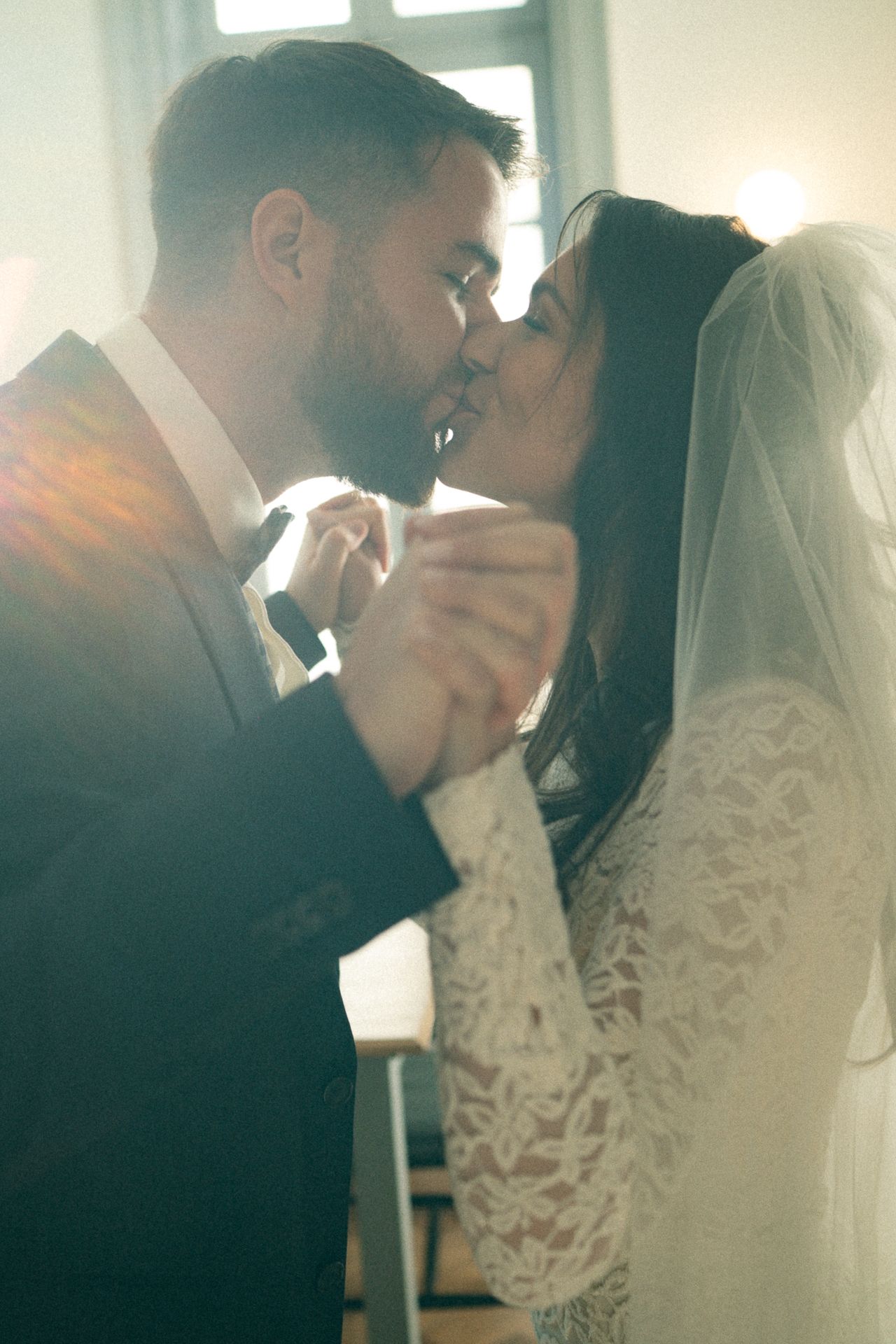 A romantic sequence of wedding photos showing a couple in intimate poses with sunlit backlighting and lace details.