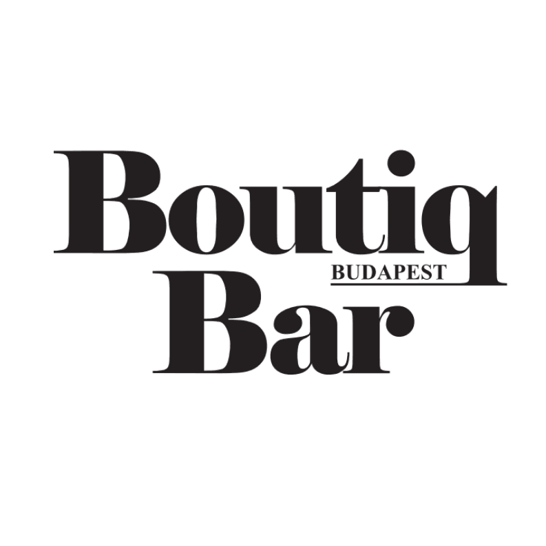 Black text logo reading Boutiq Bar Budapest in serif font on white background.