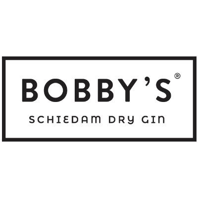 Clean minimalist black and white rectangular logo for Bobby's Schiedam Dry Gin.