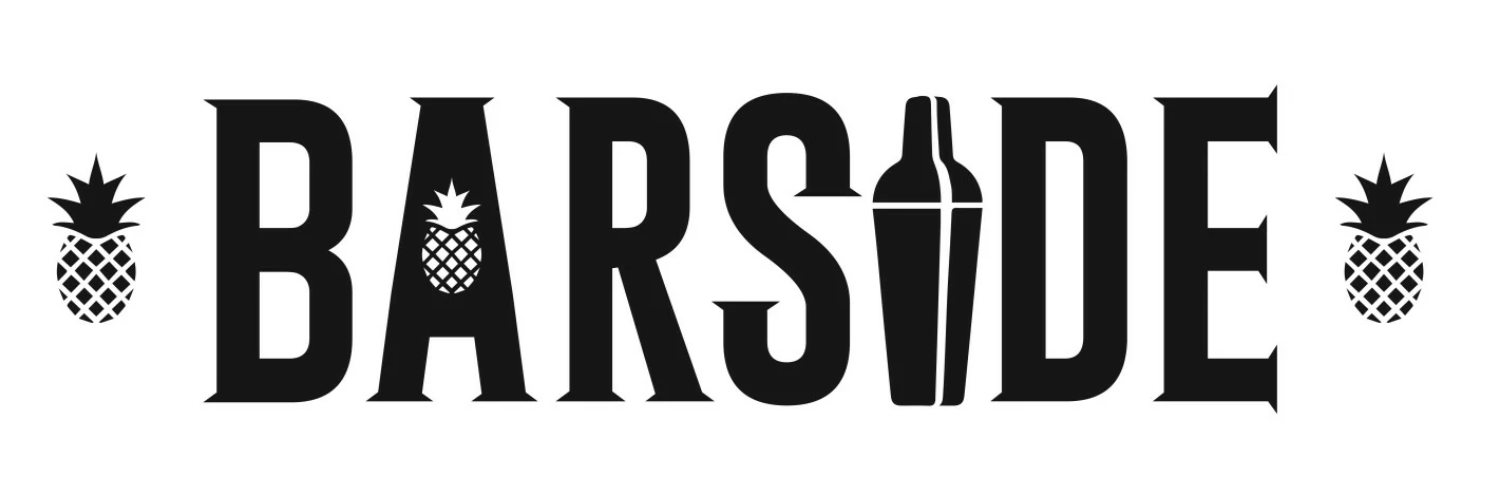 Black and white bar logo with cocktail shaker and pineapple icons spelling out Barside.
