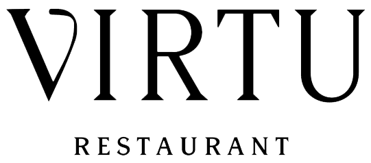 Black text logo for Virtu Restaurant with minimalist typography against white background.