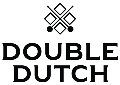 Minimalist black logo for Double Dutch with geometric pattern above text.