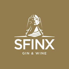 Elegant logo design for Sfinx Gin & Wine with classical statue motif in gold and brown.