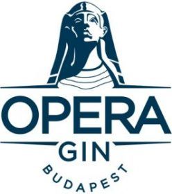 Art deco style logo for Opera Gin Budapest featuring stylized face illustration in navy blue.