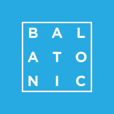Modern square grid logo design for Balatonic in white text on bright blue background.