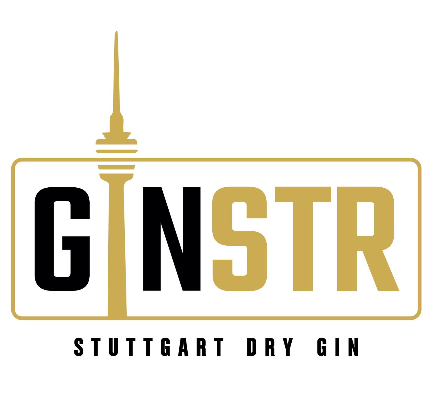 Gold and black logo for Ginstr Stuttgart Dry Gin featuring stylized tower design.