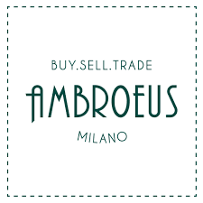Minimalist vintage-style logo for Ambroeus Milano fashion boutique featuring green text and buy sell trade tagline.