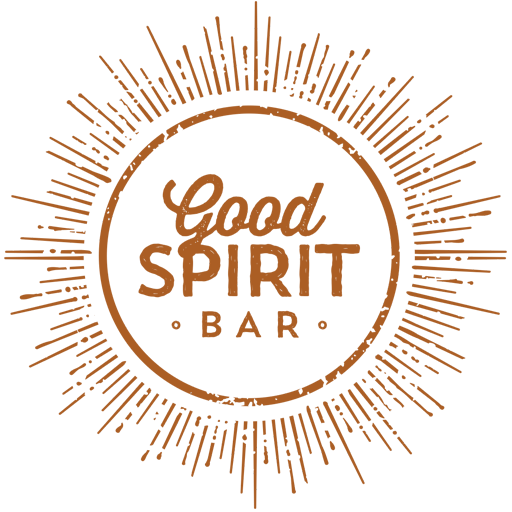 Vintage-style sunburst logo design for Good Spirit Bar in orange with circular text layout.