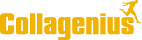Yellow text logo for Collagenius with jumping figure silhouette.