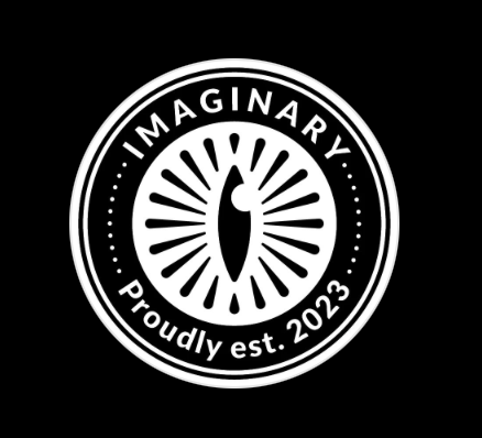 Circular emblem logo for Imaginary with radiating lines and est. 2023 text.