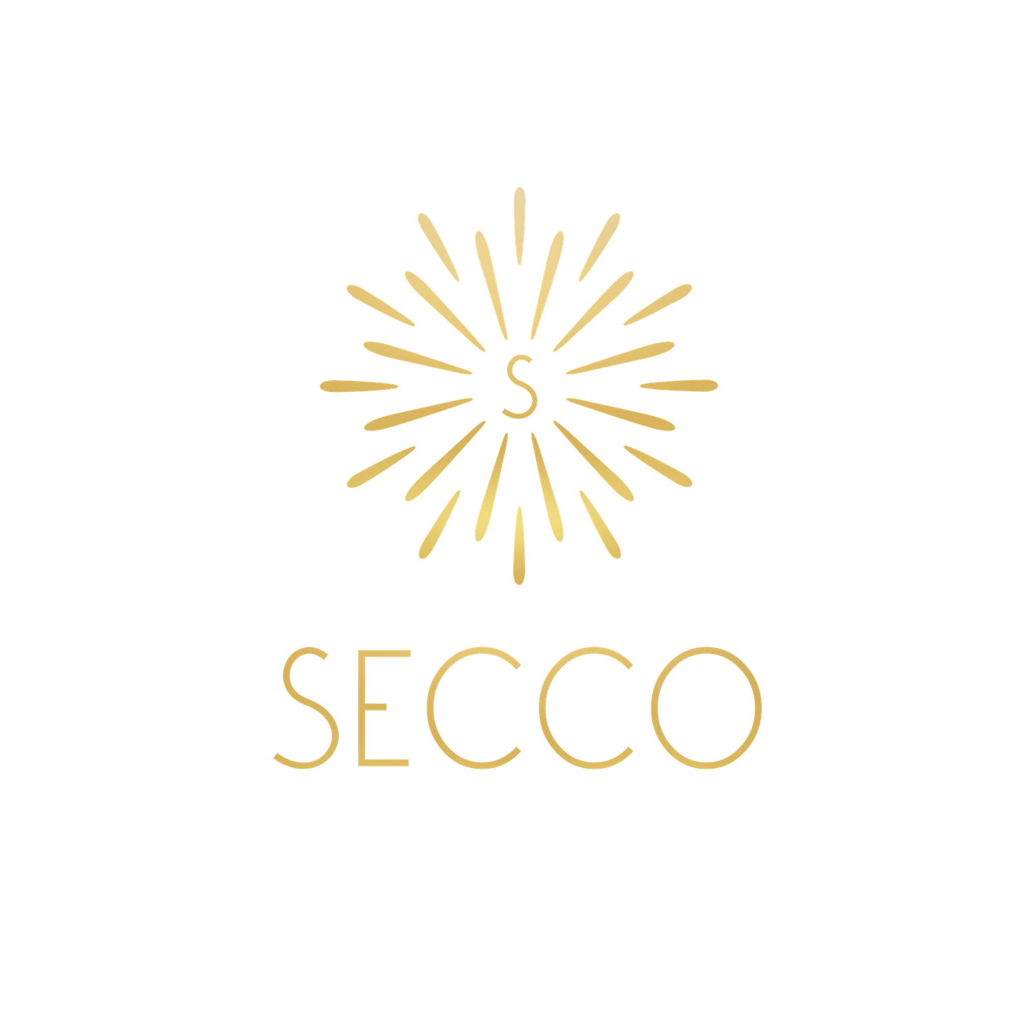 Gold sunburst logo design for Secco featuring a stylized S in the center on black background.
