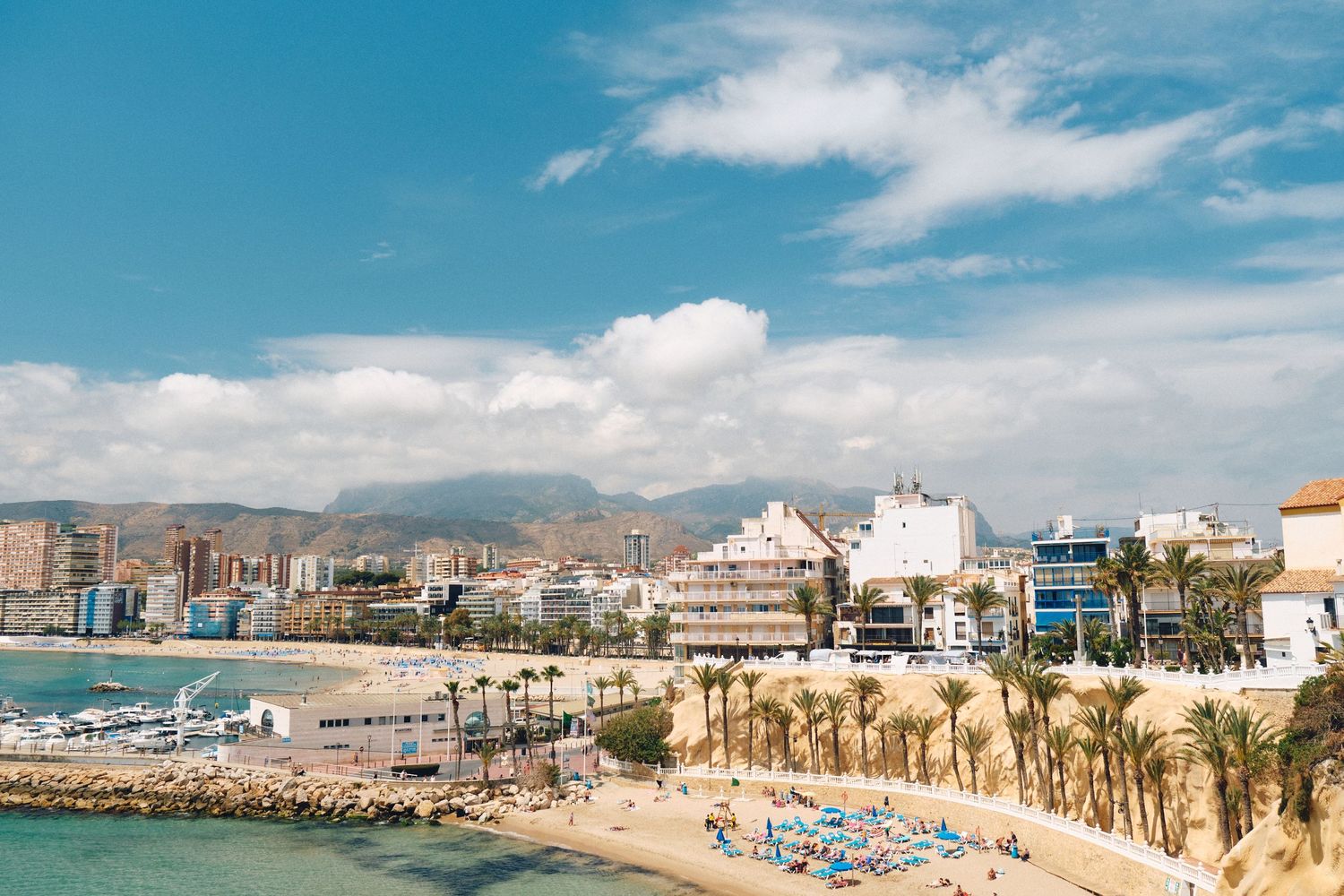 Coastal city view with palm-lined beach promenade and modern buildings against mountain backdrop.