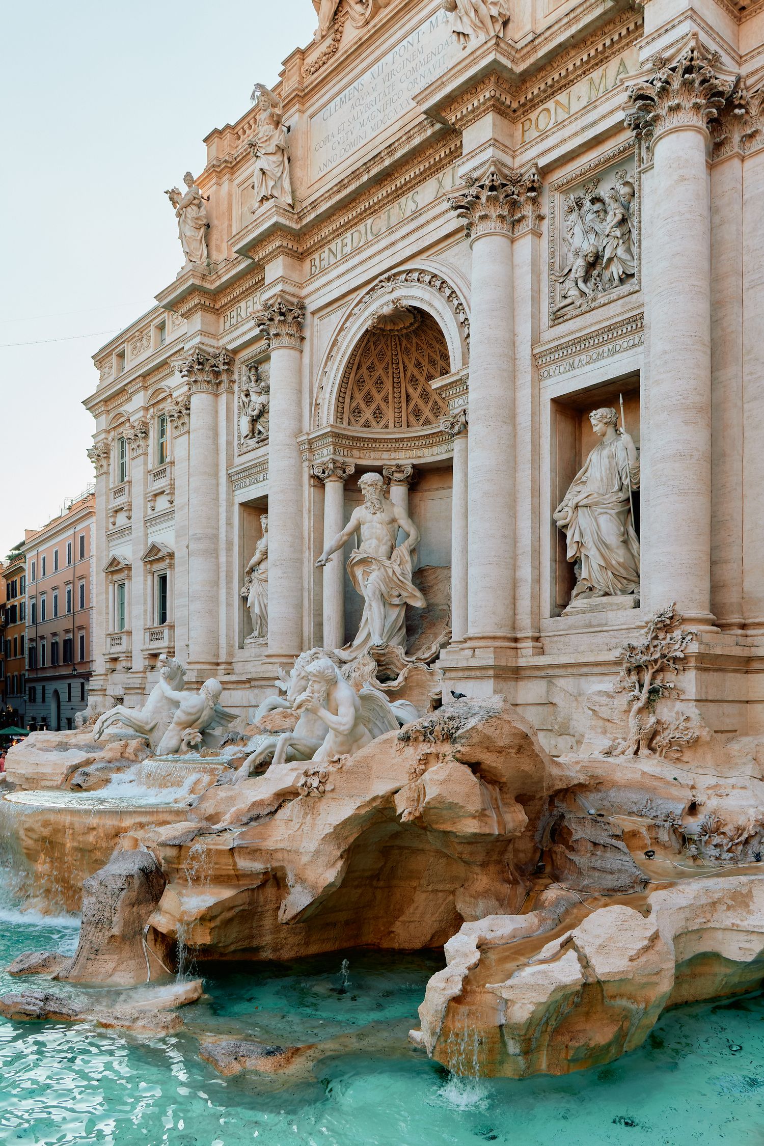Majestic Trevi Fountain in Rome with its baroque architecture and cascading water features.