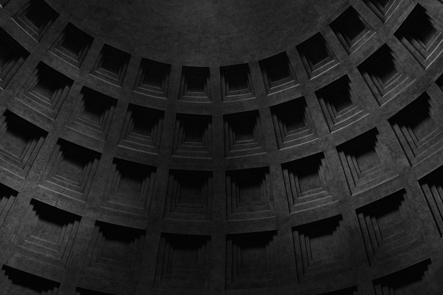 Dark interior view of the Pantheon's coffered dome ceiling in Rome showing dramatic geometric patterns.