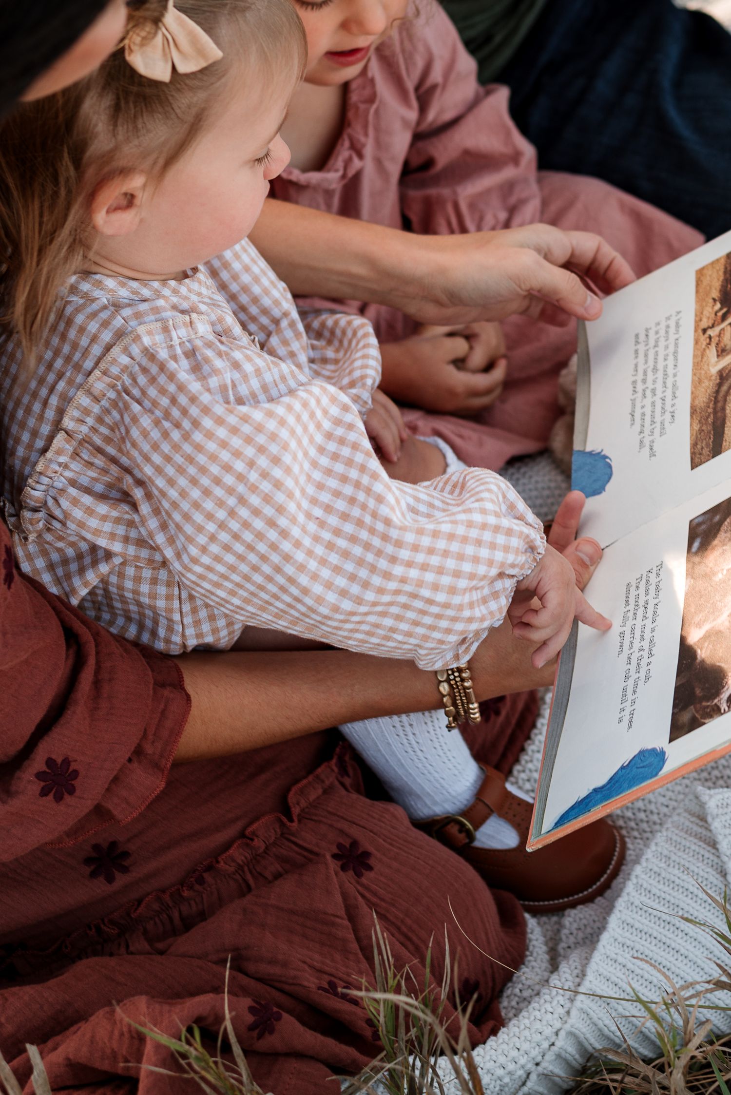 A child in a gingham dress sits on a blanket reading a picture book with someone in a mauve dress.