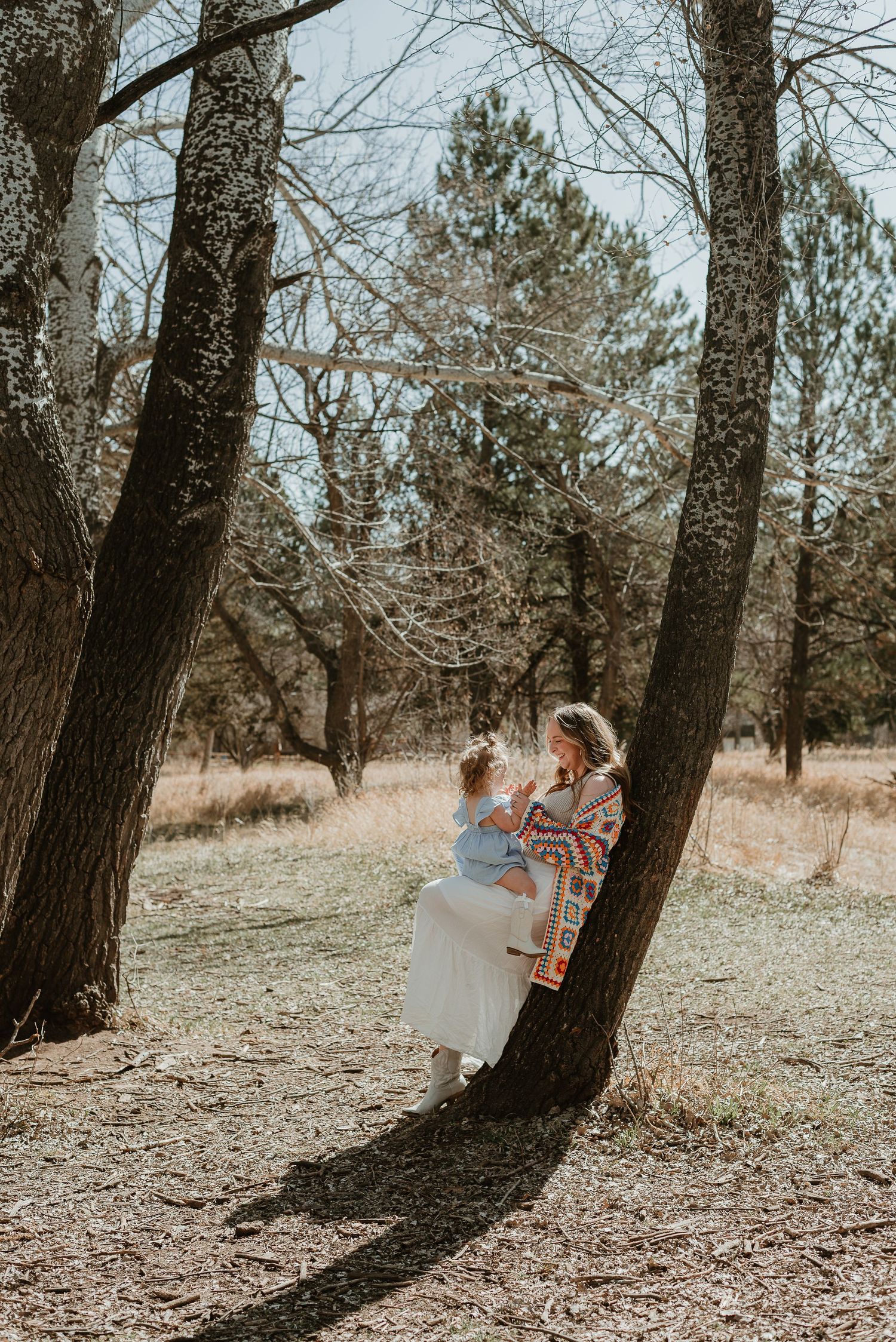 A dreamy forest scene with sunlight filtering through pine trees onto people in light clothing.