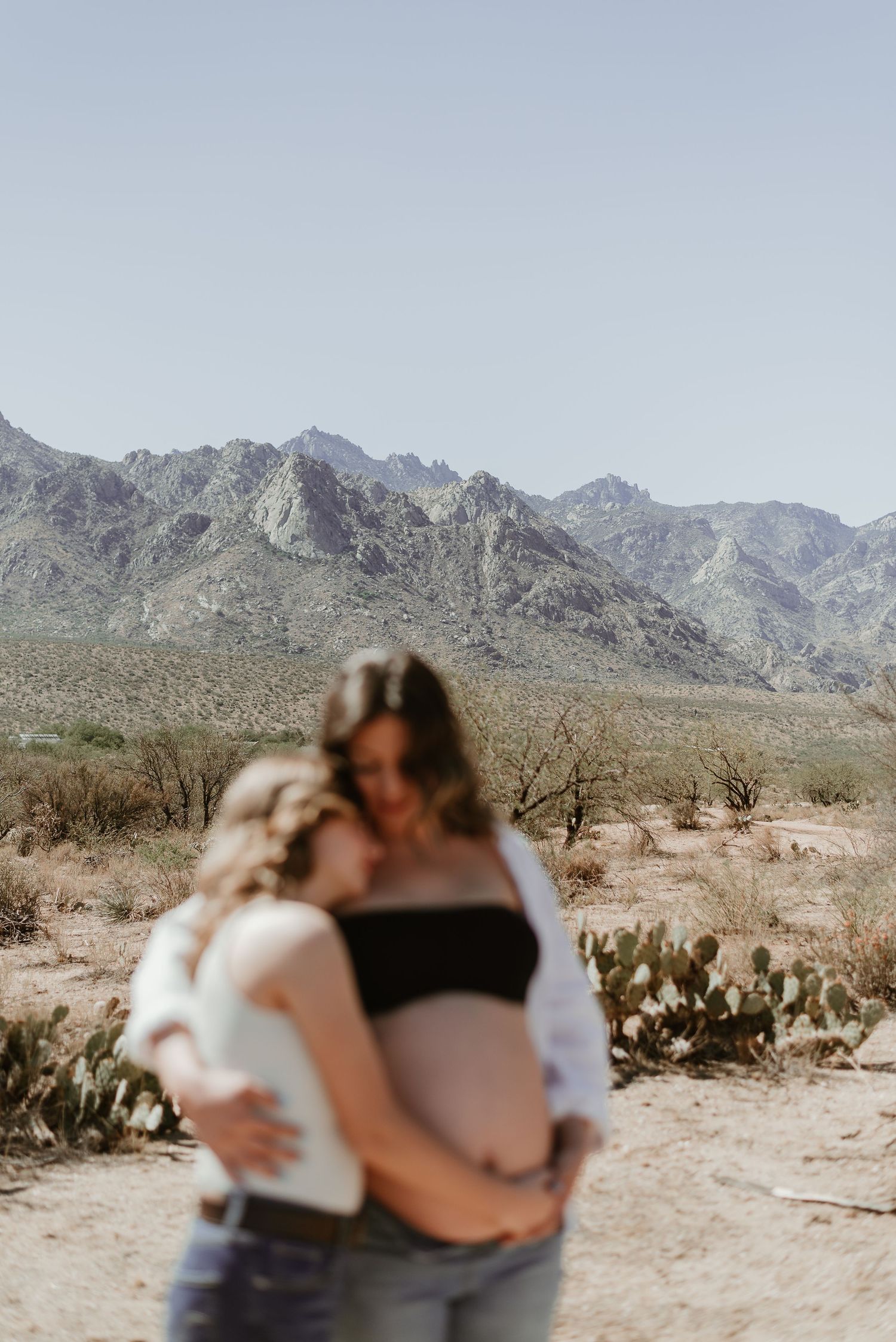 Desert landscape with mountains and people embracing in the foreground.