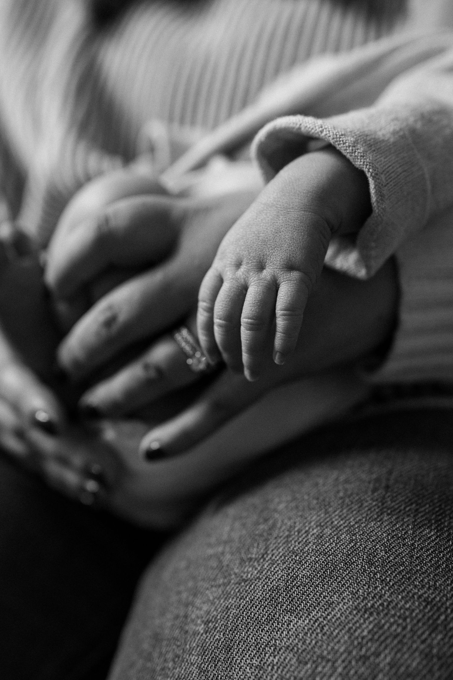 Black and white macro shot of newborn baby's delicate hands resting on denim fabric.