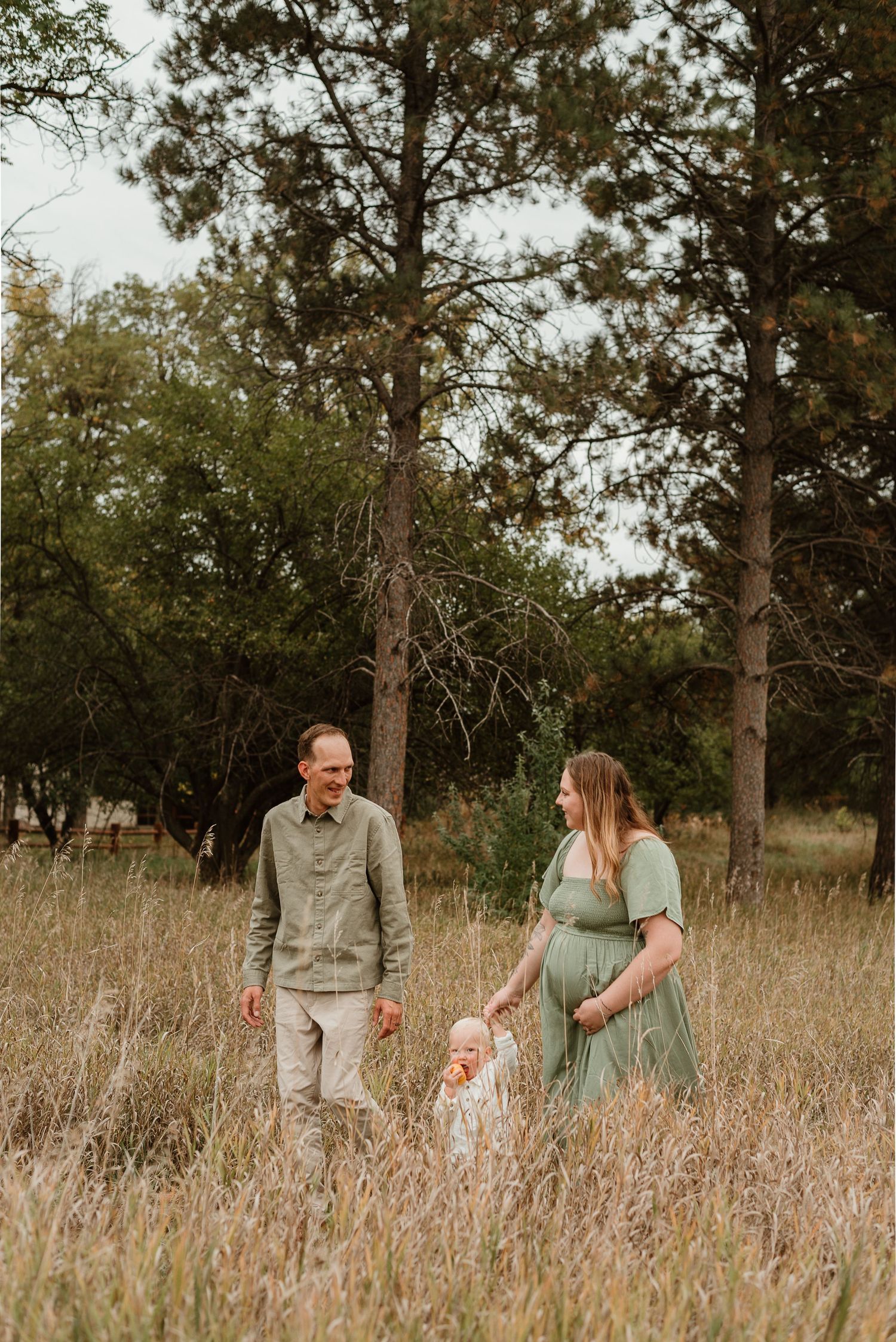 A family stands together in a golden field of tall grass surrounded by pine trees on an autumn afternoon.