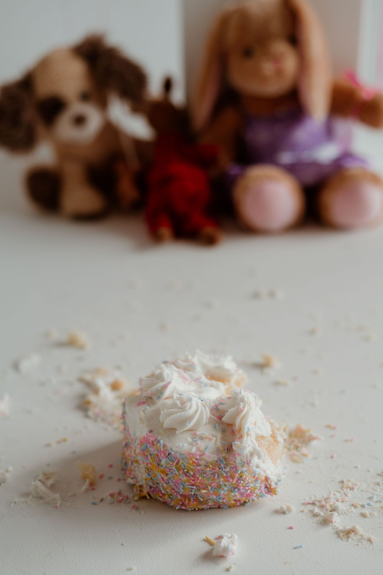 Smashed birthday cake with sprinkles and frosting in foreground with blurred stuffed animals in background.