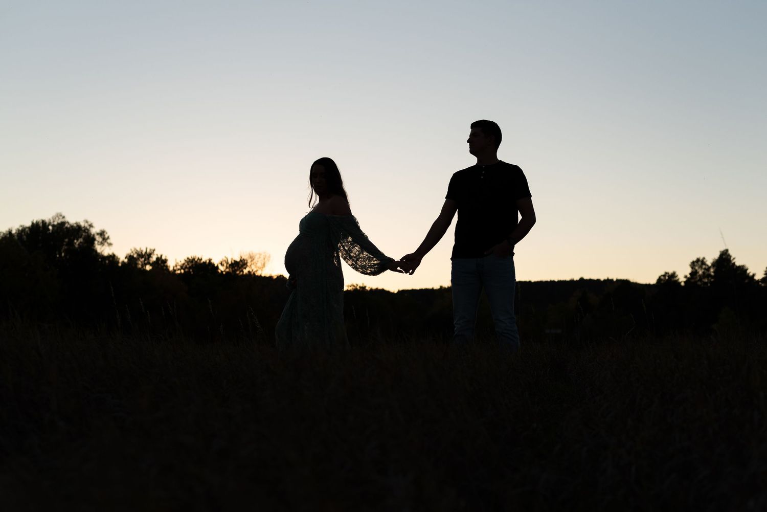 Silhouette of a couple holding hands against a sunset sky in a natural outdoor setting.