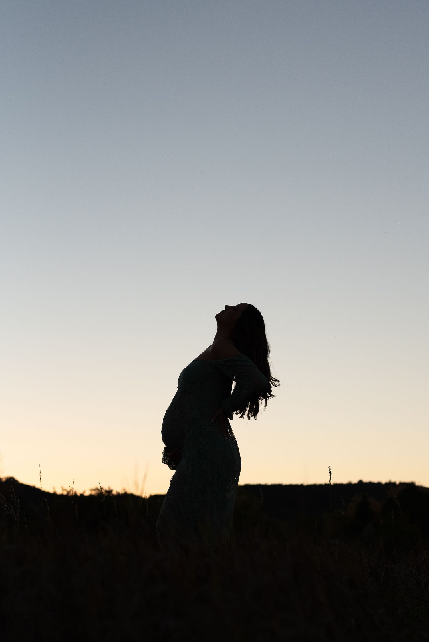 A silhouette of an expectant mother stands against a dusky sky in a peaceful outdoor setting.
