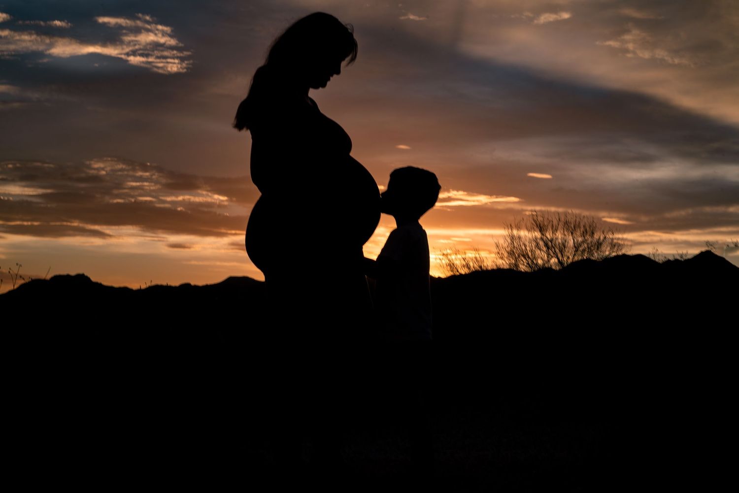 Pregnant woman and son sunset silhouette
