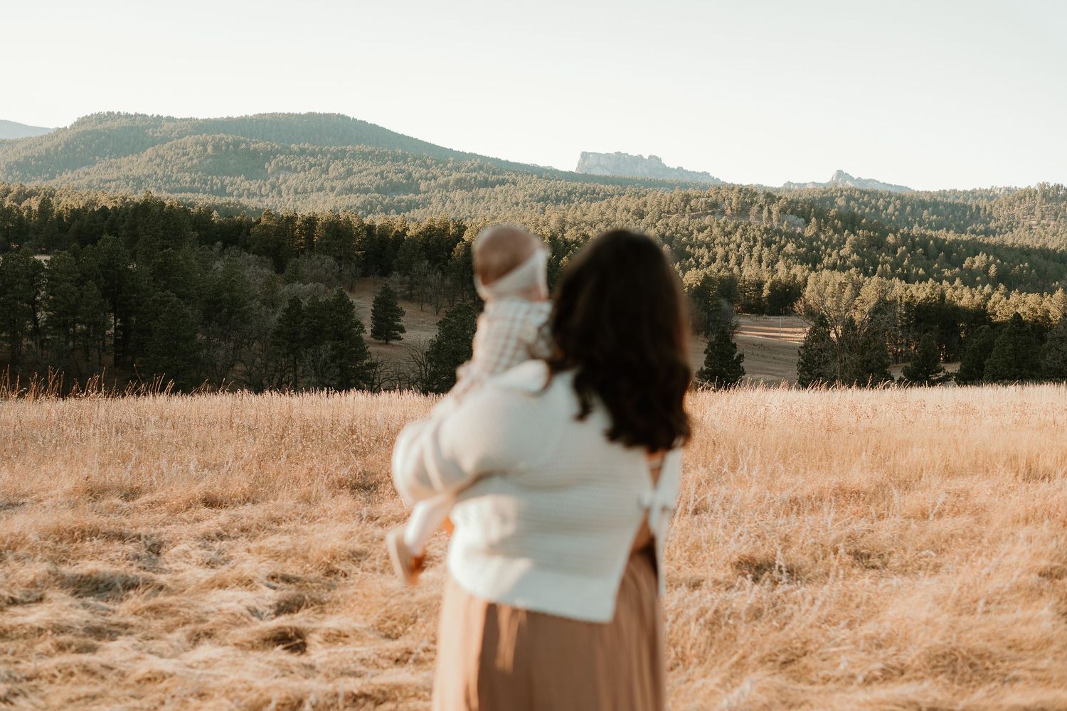 Someone holds a baby while looking out at a scenic mountain landscape with golden grass and evergreen forests.