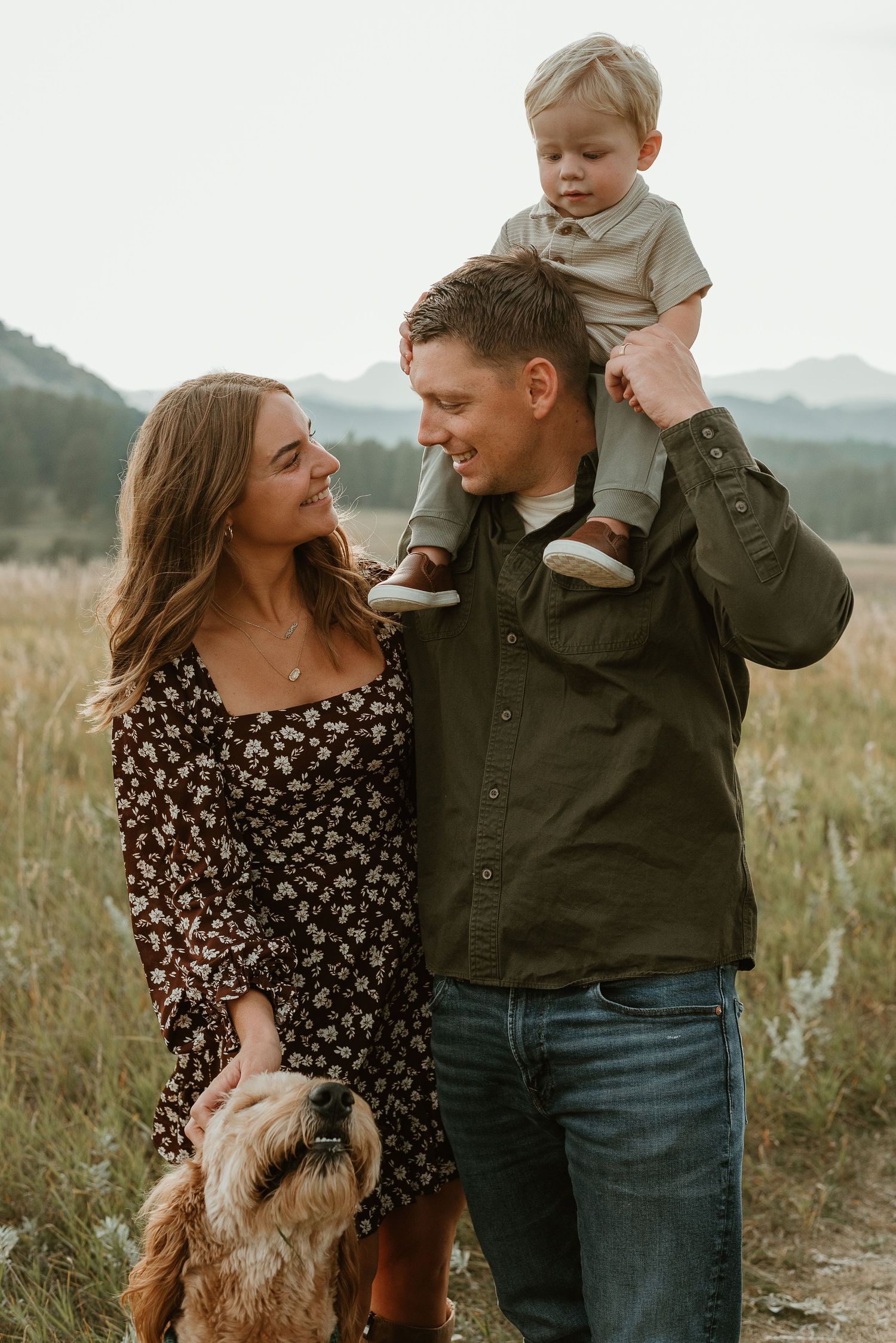 A couple and their child share joyful moments together in a mountain field with their dog.