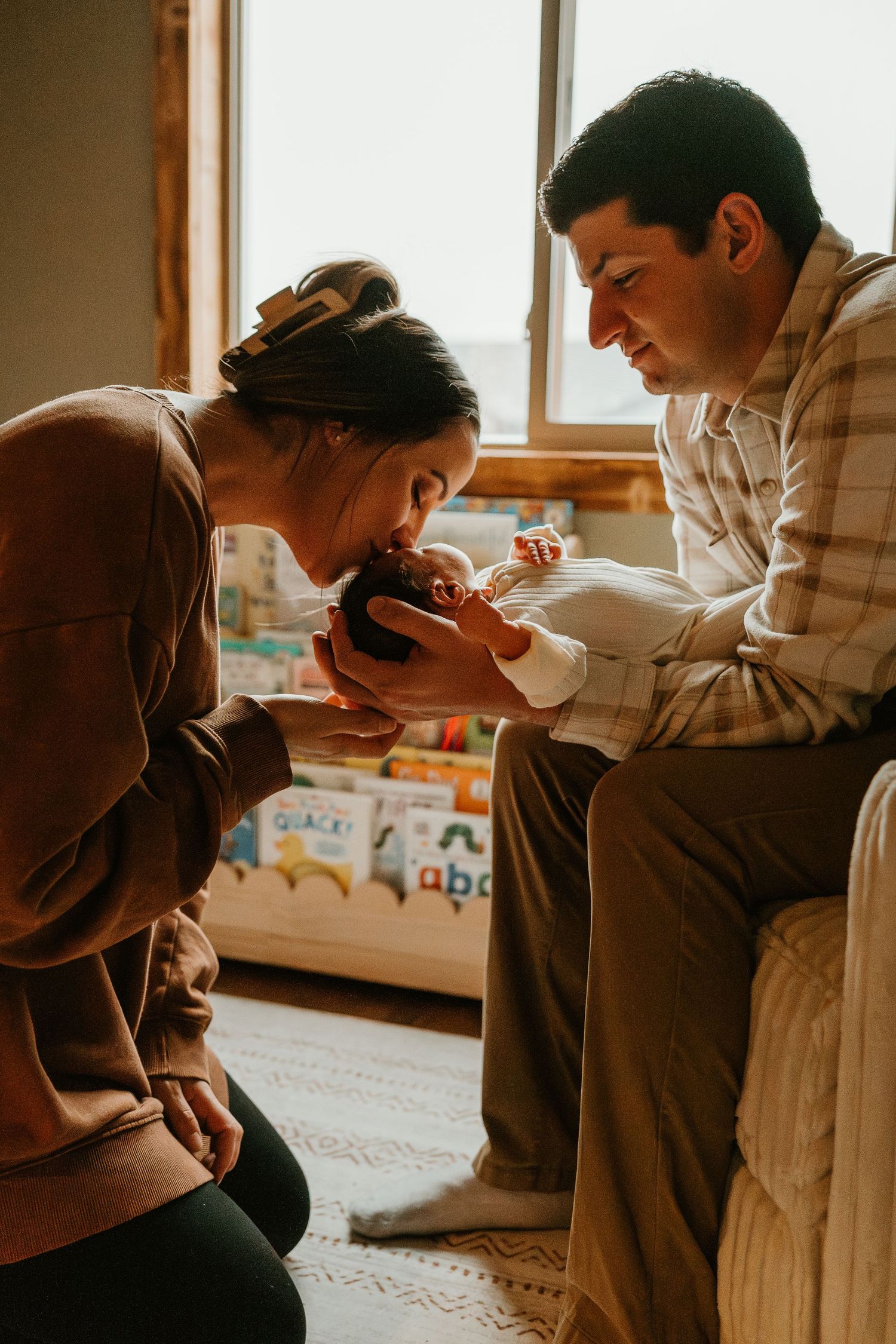 Intimate sequence of photos showing tender moments between two people in a warmly lit room.