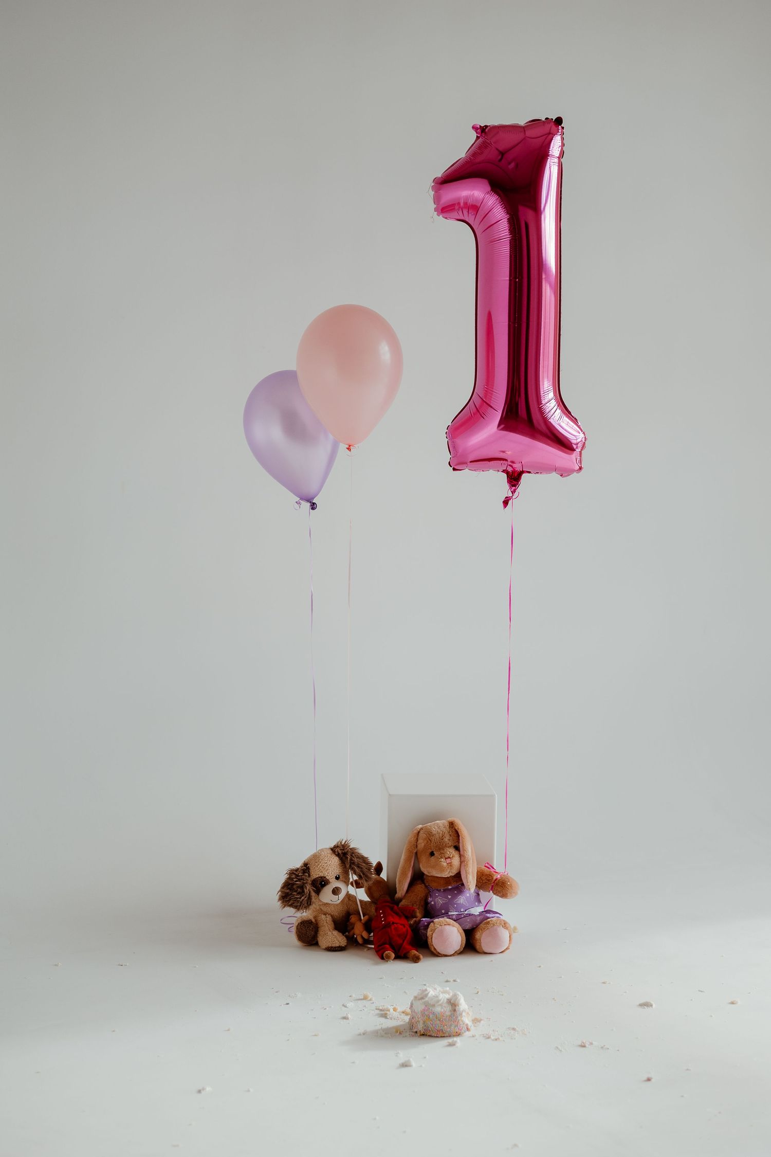 Pink and purple balloons with a number one balloon float above small stuffed animals against a white backdrop.