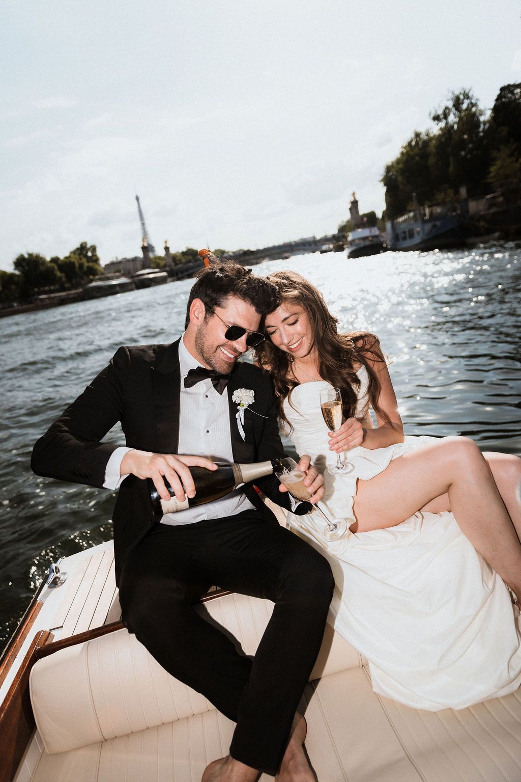 Relaxed newlywed moments on a private Seine River cruise. Iconic Paris monuments without the crowds. Bespoke elopement photography