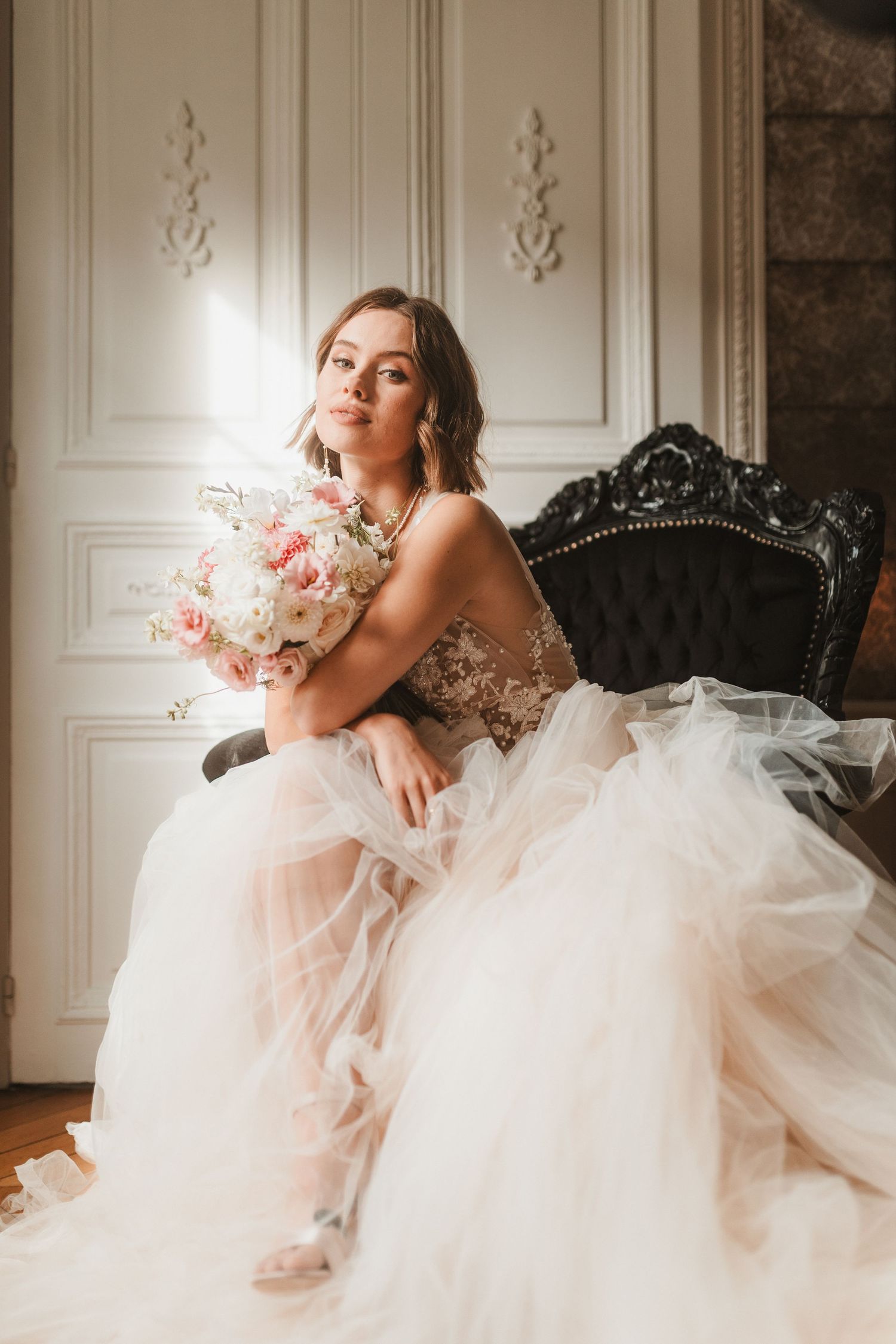 Couture bride in white tulle: Elegant studio portrait by Raw Studio Paris, luxury Art Director led destination wedding photographer