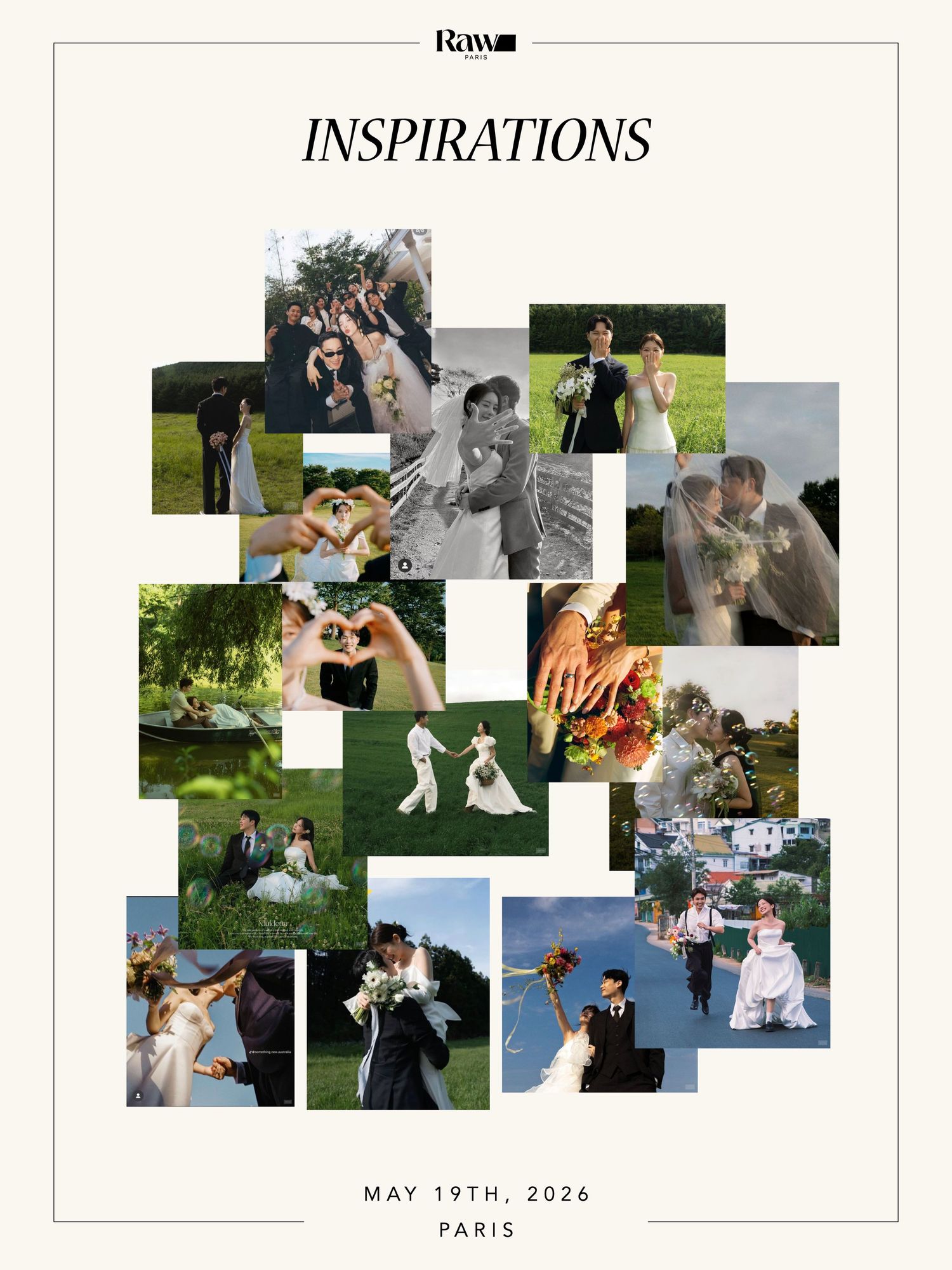 Wedding inspiration collage featuring romantic couple portraits, bridal party photos, and elegant ceremony moments in Paris, May 2026.