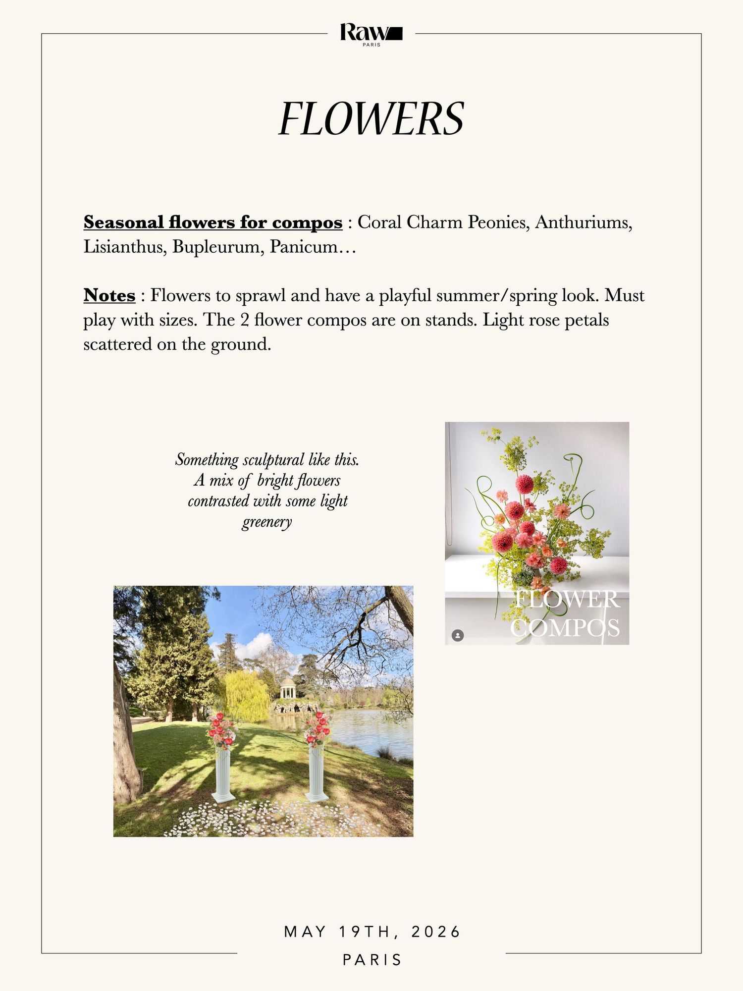 Elegant floral arrangement guide featuring coral peonies and seasonal blooms on stands with scattered rose petals for a spring look.