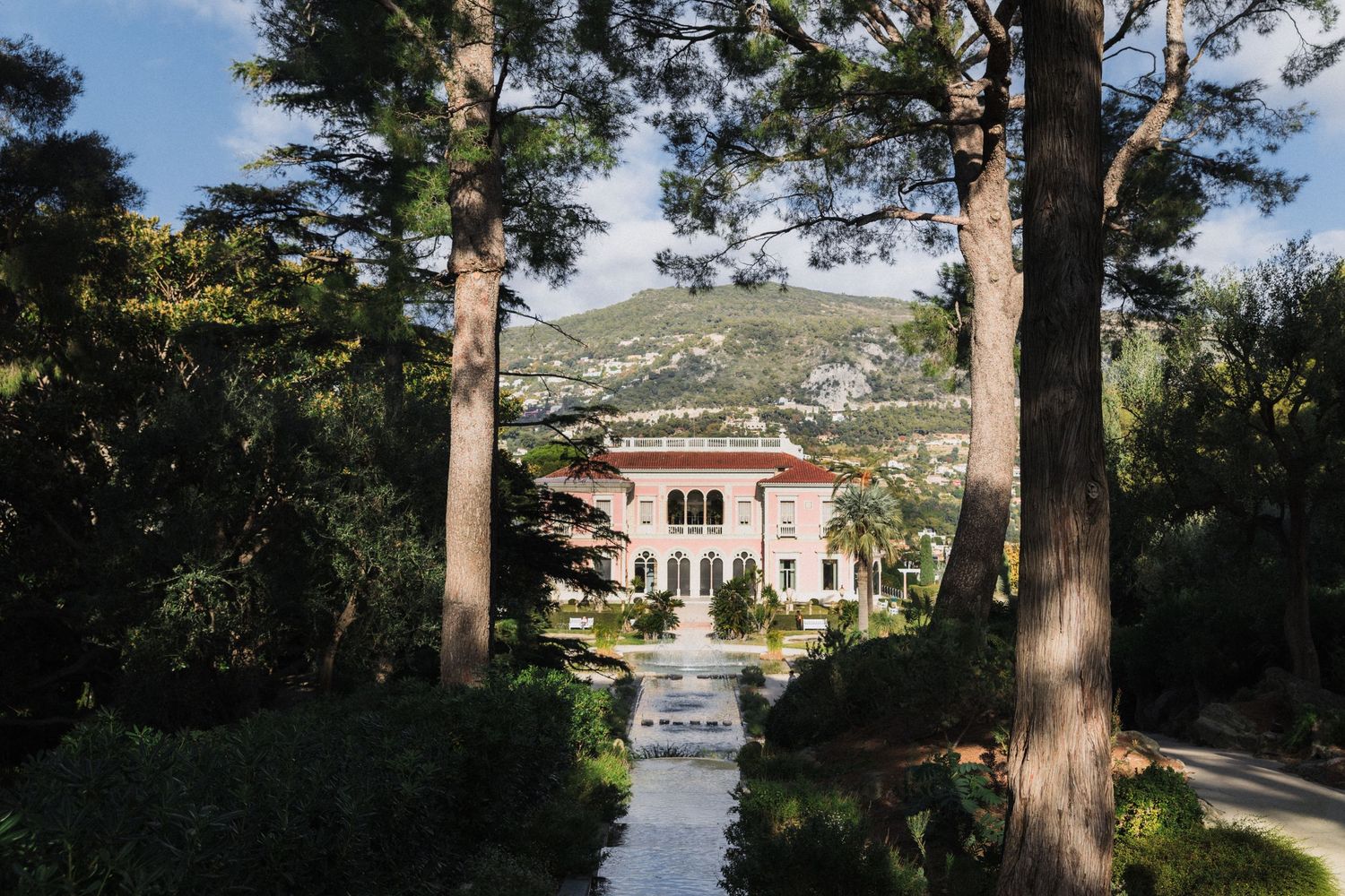Elegant pink Villa Ephrussi de Rothschild  framed by tall trees with lush gardens and mountain backdrop on the French Riviera.