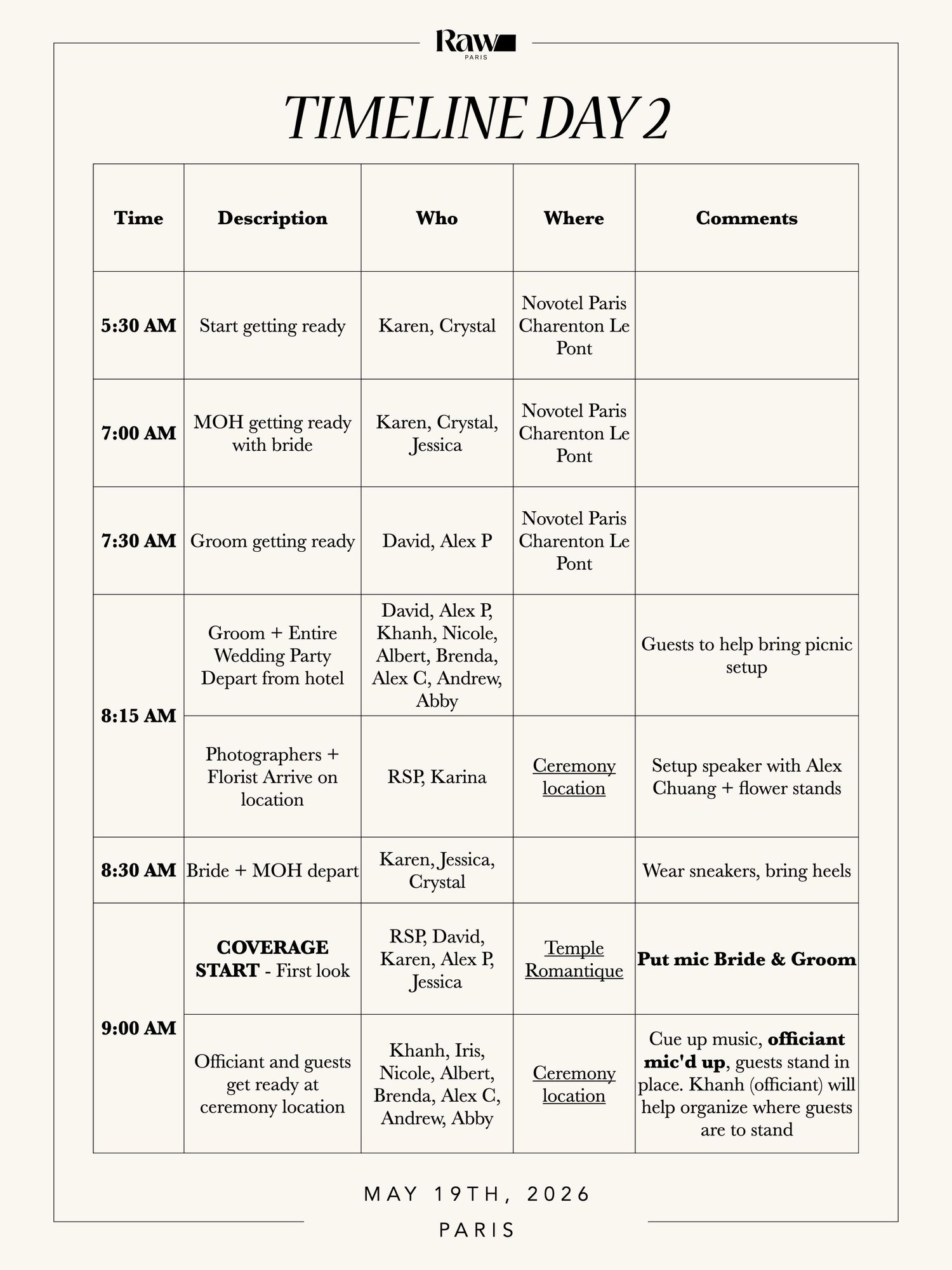 Wedding Day 2 timeline schedule for May 19th, 2026 in Paris, detailing events from 5:30 AM to 9:00 AM.